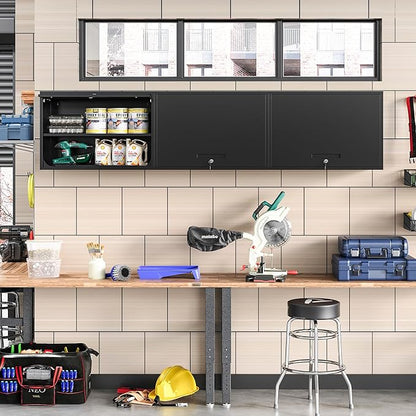 Metal Wall Cabinet with Locking Door and Shelf, Hanging Garage Cabinets with Up-Flip Doors for Garage, Warehouse, Home, Office, Assembly Required (Black, One Cabinet)