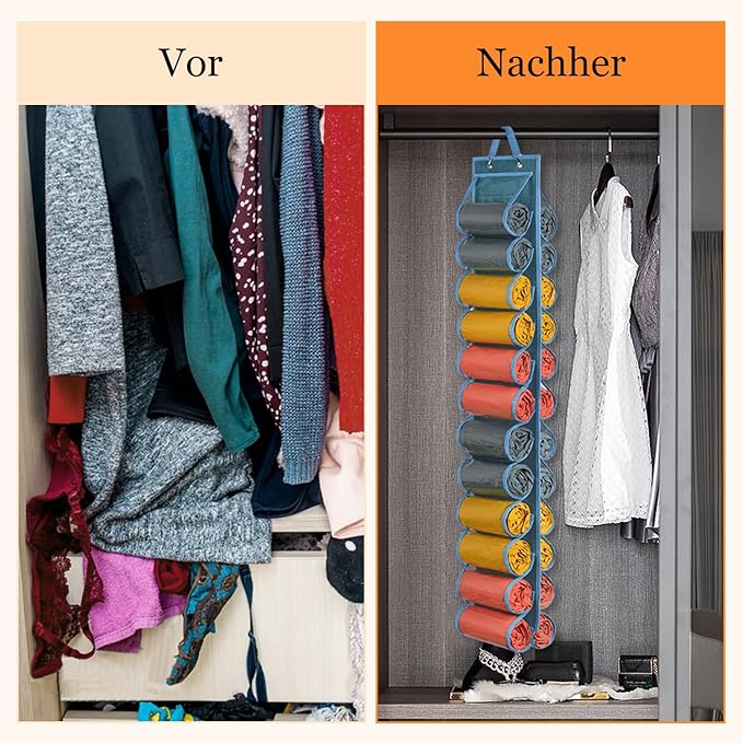 Lirex Hanging Yoga Legging Storage Organizer with 24 Pockets, Foldable Oxford Cloth Hanging Closet Organizer T-Shirt Organizer Jeans Storage Hanger Socks Holder for Family Closet Bedroom, Blue