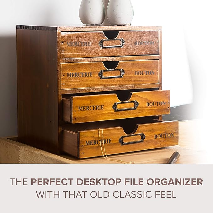 Stackable Apothecary Cabinet 4 Drawer Desk Organizer - Vintage Library Card Catalog Wood Storage Box - Office Desktop Dresser for Stationery, Thread Embroidery, Sewing, Crafts, Junk Drawer & Supplies
