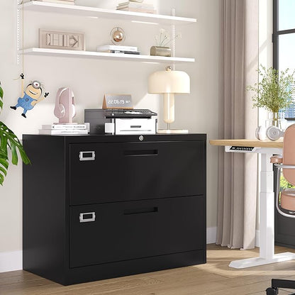 2 Drawer Lateral File Cabinet Metal Filing Cabinet with Lock Office Home Steel Lateral File Cabinet for A4 Legal/Letter Size Lockable Wide Metal Cabinet,Assembly Required(2 Drawer, Black)