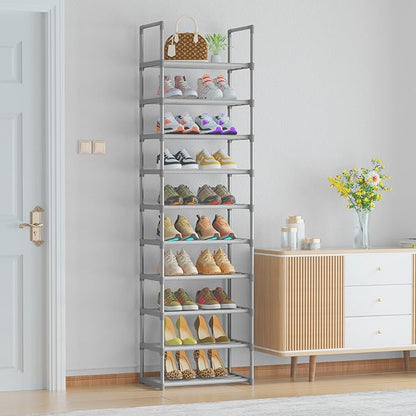 OYREL 10-Tier Metal Shoe Rack, Narrow Shoe Rack Organizer, Sturdy Shoe Shelf for Closets, Entryway, Bedroom, Garage - Silver