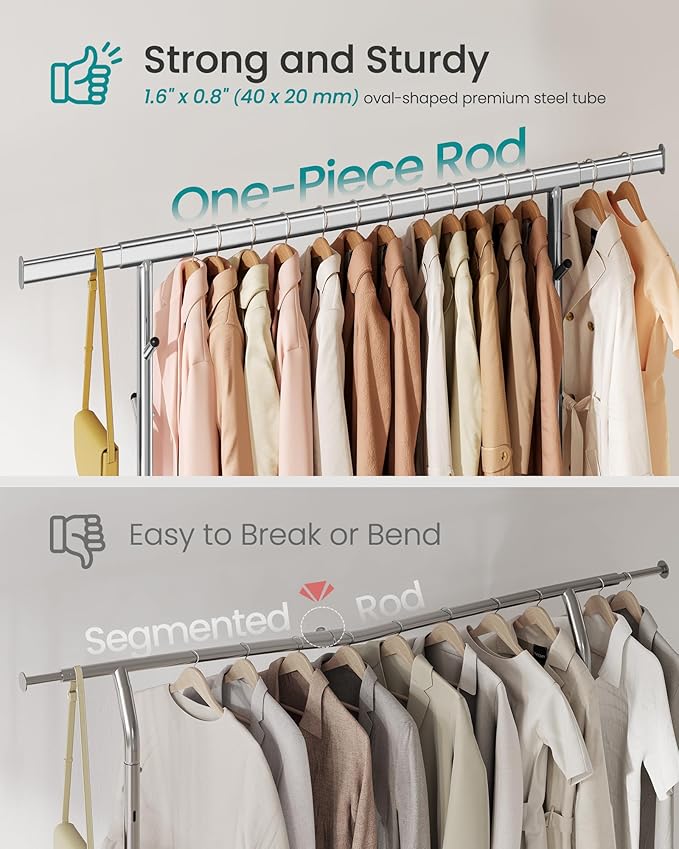 SONGMICS Clothes Rack, Heavy-Duty Rolling Clothing Garment Rack with Wheels, Extendable Hanging Rod and Adjustable Height, Portable, with Shelf and Hooks, Silver UHSR014E01