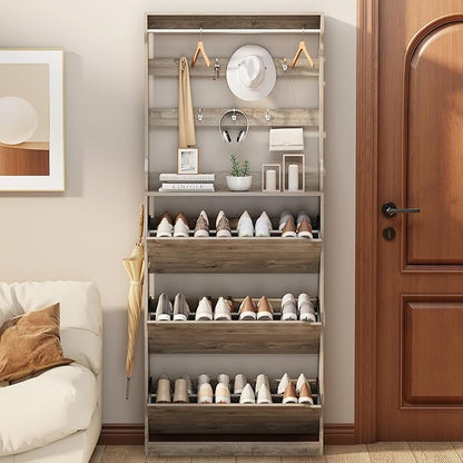 Shoe Cabinet for Entryway with 3 Flip Drawers, Grey Tall Wood Shoe Storage Cabinet with Coat Rack, Narrow Hidden Slim Freestanding Shoe Rack Organizer, 2 in 1 Hall Tree for Living Room, Hallway