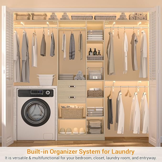 Upgraded 96 Closet System with 18 Storage Place, 8FT Closet Organizers System with 13 Shelves and 2 Wooden Drawers, 96'' Walk-in Closet with 4 Hanging Rods, Adjustable Garment Rack, Natural