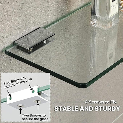SAYAYO Glass Shelf for Bathroom 24 Inch, Thicken Tempered Floating Glass Shelves with Stainless Steel Brackets, 1 Pack, Clear