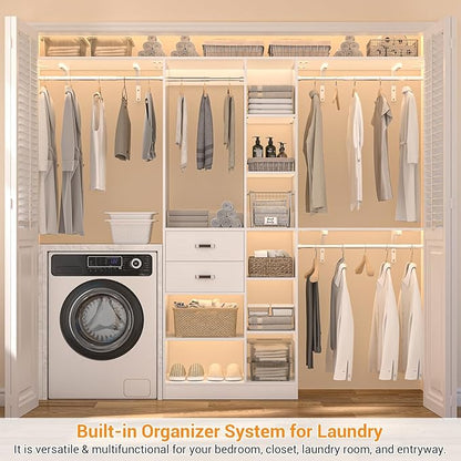 Upgraded 96 Closet System with 18 Storage Place, 8FT Closet Organizers System with 13 Shelves and 2 Wooden Drawers, 96'' Walk-in Closet with 4 Hanging Rods, Adjustable Garment Rack, White