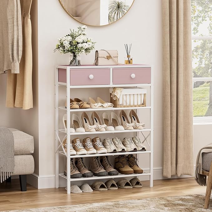 Shoe Rack for Entryway, 5 Tier Shoe Organizer with 2 Non-Woven Drawers, Metal Storage Shoe Shelf for 16-20 Pairs of Shoes, with Wooden Top and Steel Frame, Shoe Stand for Closet Pink