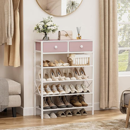 Shoe Rack for Entryway, 5 Tier Shoe Organizer with 2 Non-Woven Drawers, Metal Storage Shoe Shelf for 16-20 Pairs of Shoes, with Wooden Top and Steel Frame, Shoe Stand for Closet Pink