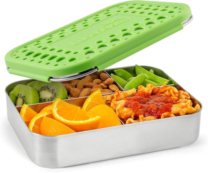 LunchBots Large Cinco Stainless Steel Lunch Container - Five Section Design Holds a Variety of Foods - Metal Bento Box - Dishwasher Safe - Stainless Lid - Green Dots