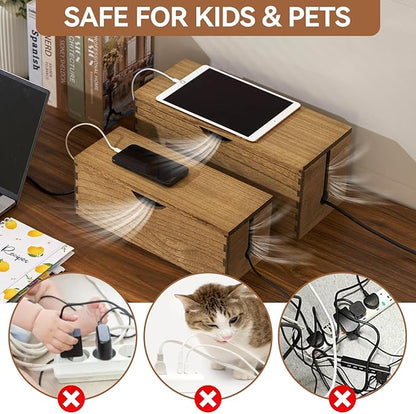 KIRIGEN Cable Management Box Wooden Cord Organizer Hide Power Strip Desk Wires Protector for Home Office TV Computer (DXH2T-DBR)