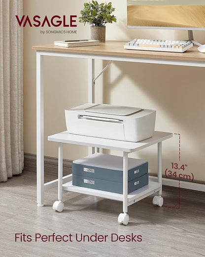 VASAGLE Printer Stand with Locking Wheels, 2-Tier Shelf, Industrial Under Desk Heavy-Duty Mobile Cart for Home Office, White UOPS002W01