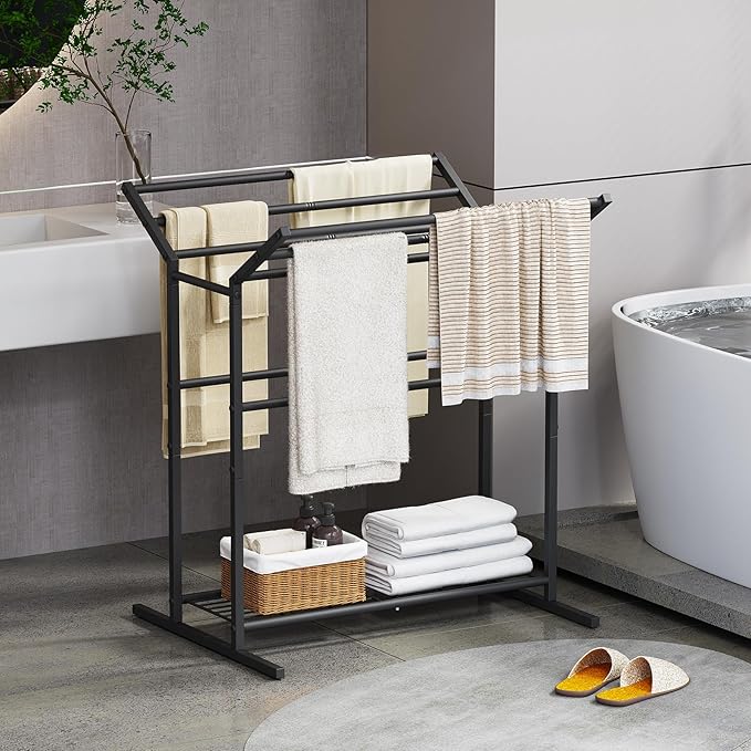 Free Standing Towel Rack for Bathroom, 40.3" Tall 6 Tier Quilt Rack Stand, Large Quilt Blanket Holder with Storage Shelves for Living Room Black Metal