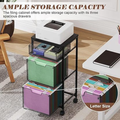 3 Drawer Mobile File Cabinet for Home Office, Rolling Filing Cabinet on Lockable Wheels, Hanging File Folders Organizer, Utility Cart Storage and Organizer, Printer Stand, Black