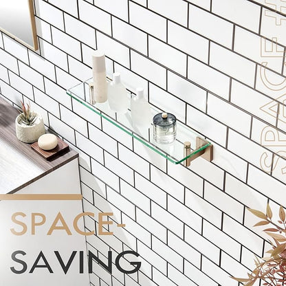 KOKOSIRI Wall Shelves Bathroom Hardware Glass Floating Shelf 20-Inch for Bedroom, Living Room, Kitchen, Hanging Rack Champagne Bronze B1105CPG-L20