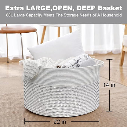 XXXL Large Cotton Rope Blanket Basket for Living Room, Woven Rope Storage Baskets for Organizing, Nursery Kids Toy Baskets Storage Bin Organizer, Baby Laundry Basket Hamper, Decor Basket, 88L
