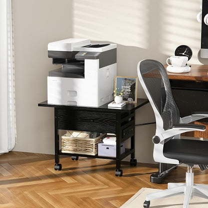 Aetheris Heavy-Duty Printer Stand with Locking Wheels, 2 -Tier Under Desk Table with Storage Drawer, Large Rolling Cart, Printer Table, Fits Printer Scanner Fax Machine (Black)