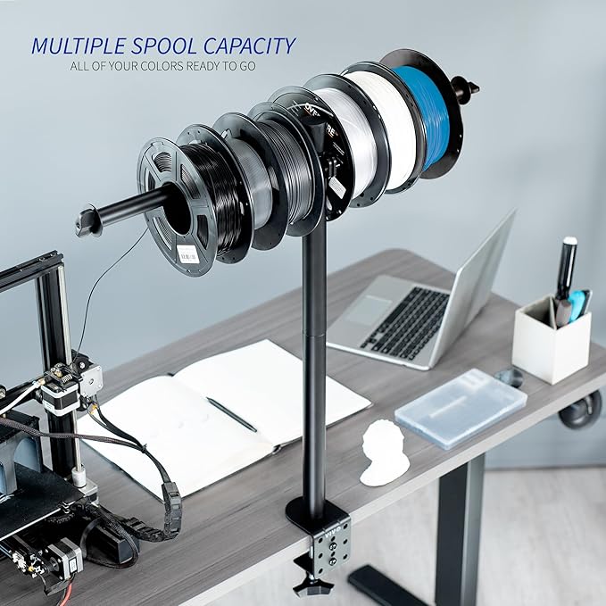 VIVO Clamp-on Steel Filament Holder for 3D Printer, Height Adjustable Spool Support, Holds up to 8 Standard Reels, Black, STAND-3DRH