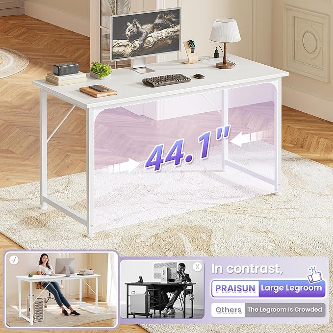 PRAISUN 47 X 20 Inch Office Computer Desk with Power Outlets and USB-C Port, Larger Gaming Desk, for Home Office, Study, Bedroom, Writing Work from Home Table, Metal Frame, White