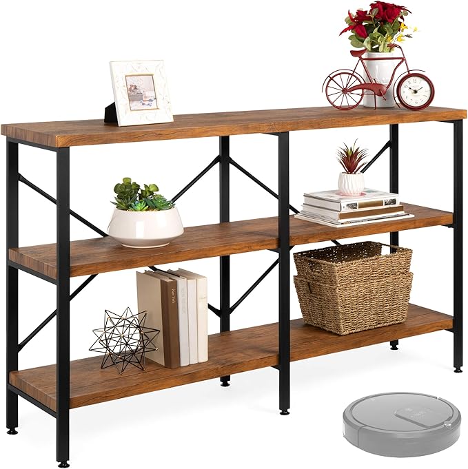 Best Choice Products Large Console Table, 3-Tier 55in Rustic, Industrial Sofa Table Storage for Living Room, Entryway, Foyer, Hallway w/EVA Non-Scratch Feet, Steel Frame - Brown
