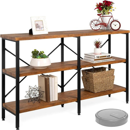 Best Choice Products Large Console Table, 3-Tier 55in Rustic, Industrial Sofa Table Storage for Living Room, Entryway, Foyer, Hallway w/EVA Non-Scratch Feet, Steel Frame - Brown