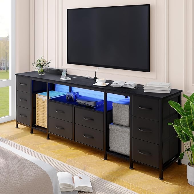 Garvee 10 Drawer Dresser, TV Stand with Fabric Drawers and Power Outlets for 75 70 65 Inch TV, TV Console Table, Entertainment Center with Open Storage Shelves for Living Room, Bedroom, Office, Black