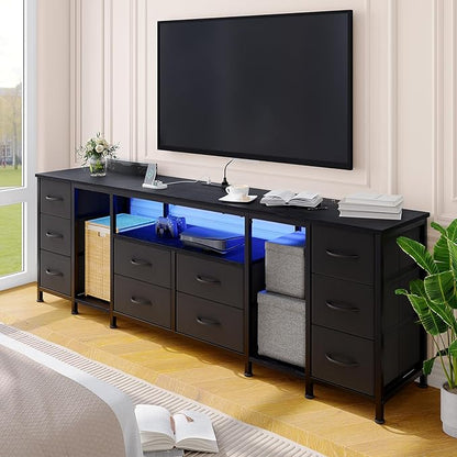 Garvee 10 Drawer Dresser, TV Stand with Fabric Drawers and Power Outlets for 75 70 65 Inch TV, TV Console Table, Entertainment Center with Open Storage Shelves for Living Room, Bedroom, Office, Black