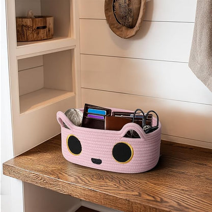 Pink Cat Toy Basket, Small Woven Cat Toy Storage Box with Cute Ears Handle Indoor, Cotton Rope Storage Bin with Embroidered Face for Home Decor, Pet Bed, Baby Nursery Kids Room Organization