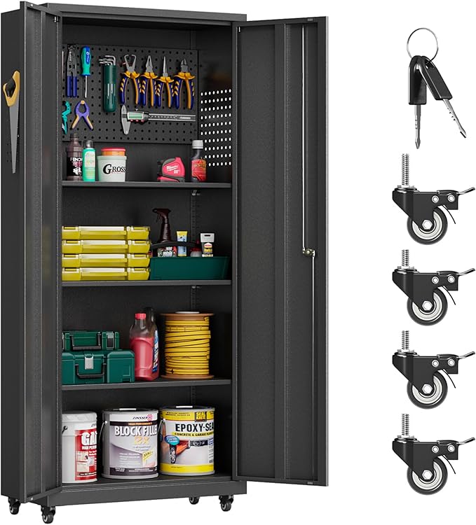Garage Storage Cabinet with Wheels, Metal Storage Cabinet with 2 Doors and Adjustable 4 Shelves for Garage, Basement, Warehouse, Office, Black, Assembly Required