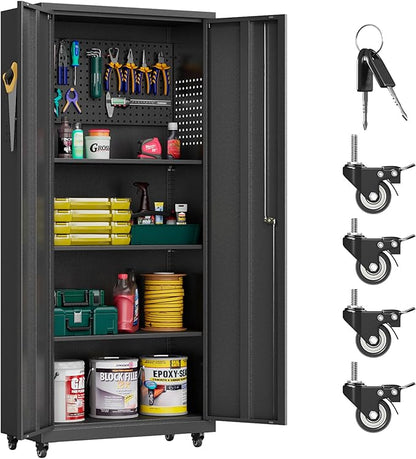 Garage Storage Cabinet with Wheels, Metal Storage Cabinet with 2 Doors and Adjustable 4 Shelves for Garage, Basement, Warehouse, Office, Black, Assembly Required