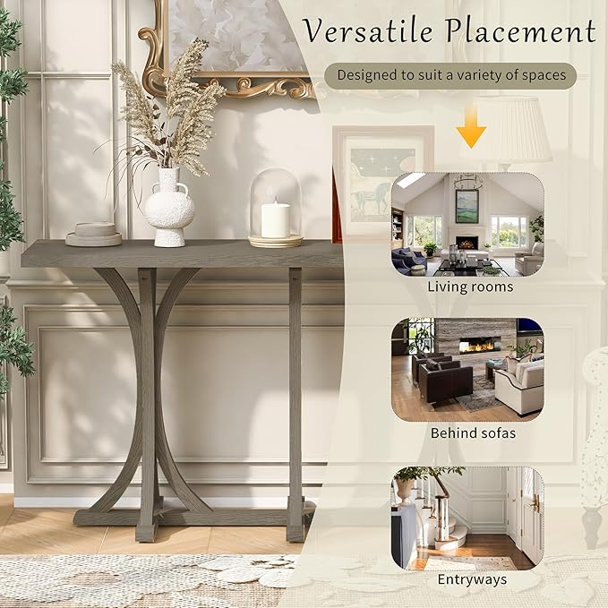 59.8" Wooden Console Table with Oak Veneer Top,Farmhouse Entryway Table with Rubber Wood Slender Curved Legs,Perfect for Living Room,Entryway,Hallway,Grey