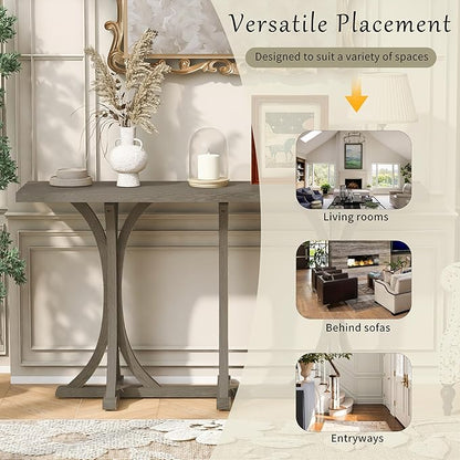 59.8" Wooden Console Table with Oak Veneer Top,Farmhouse Entryway Table with Rubber Wood Slender Curved Legs,Perfect for Living Room,Entryway,Hallway,Grey