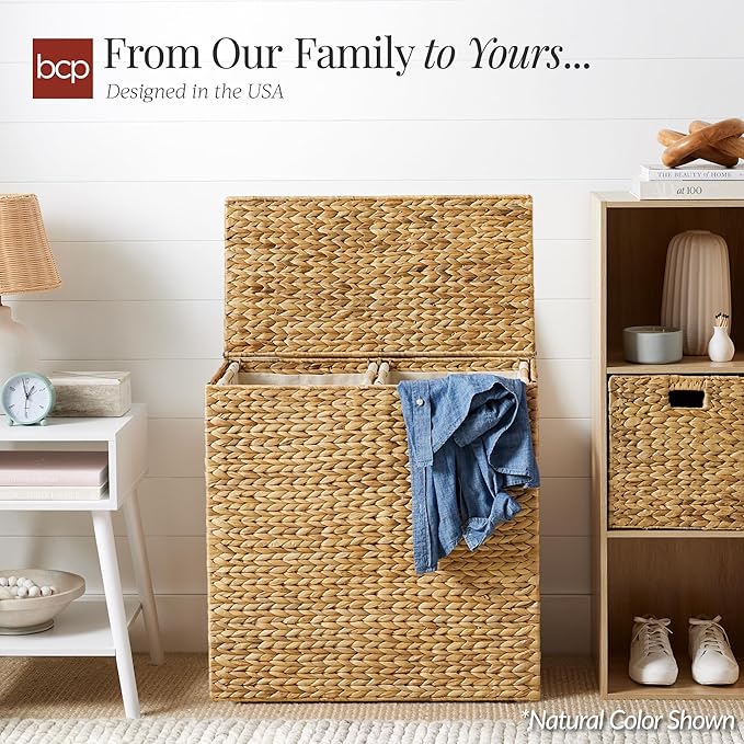 Best Choice Products Large Double Laundry Hamper with Lid, Natural Handwoven Water Hyacinth, 2 Sections w/ 2 Machine Washable Linen Liner Bags, Portable, Handles - Chestnut