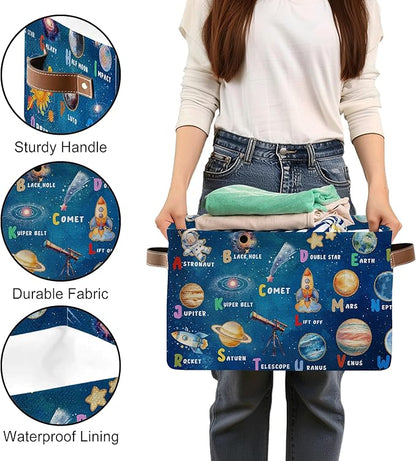 Space Planet Rectangle Storage Basket - Space Themed Collection Collapsible Storage Baskets with Handles - Astronaut Toy Bins - Cosmic Rocket Pattern Storages Bin for Kids Clothes, Gift, Book