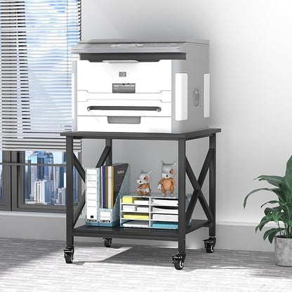 Printer Stand, 23.6 x 23.6 Inches Large Printer Stand with Storage Shelf, 2 Tier Printer Table for Home Office, Rolling Printer Cart with Industrial Wheels, Mini Fridge Stand Table, Black