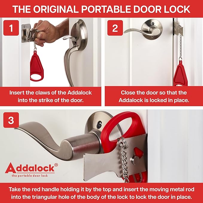 Addalock The Original Portable Door Lock for Travel & Home Security, 1-Piece Door Latch Lock for Houses, Apartments, Hotels, Motels, Dorms & AirBnBs - Lock The Door & Stay at Home or Away, 2 Pack
