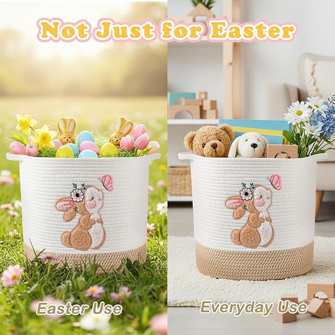 Easter Basket for Kids, Large Easter Egg Baskets Spring Gift Basket for Girls Toddlers, Toy Storage Baskets Woven Cotton Rope Storage Bins Toys Organizer Clothes Hamper for Nursery (Large, Bunny)