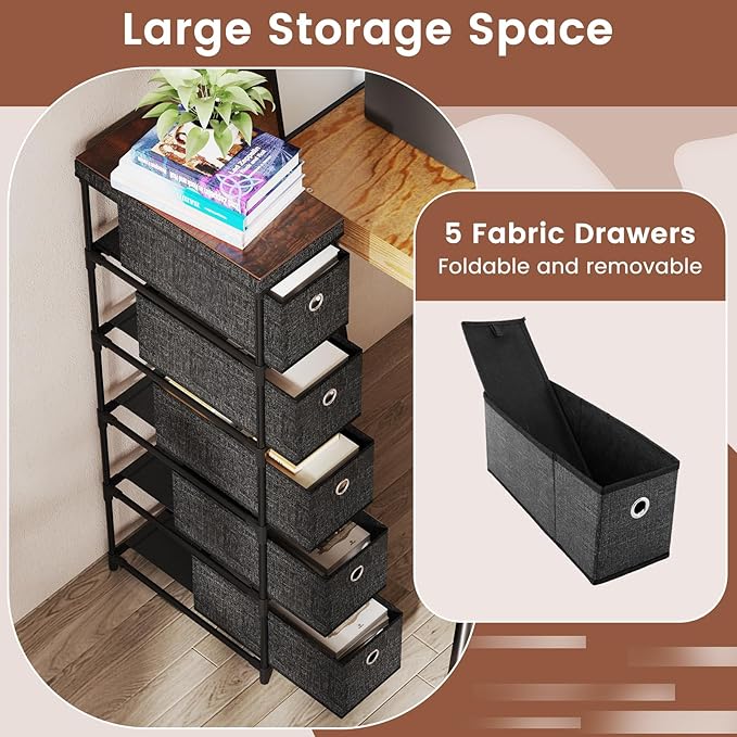 Giantex Dresser with 5 Drawers, Slim Fabric Storage Tower with Metal Frame, Wood Top & Easy Pull Handles, Space-Saving Chest of Drawers for Living Room, Office, Closet, Hallway & Entryway, Black