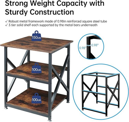 23.6 x 23.6 Inches Large Printer Stand, 3 Tier Square Printer Table with Height Adjustable Storage Shelf, Rolling Printer Cart with Industrial Wheels for Home Office - Rustic Brown
