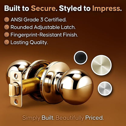 Copper Creek Passage Interior Door Knob – ANSI Grade-3 Certified, Modern Heavy Duty Handle, Easy Install and Reversible for Bedroom, Bathroom & Closets – Polished Brass (1 Pack)