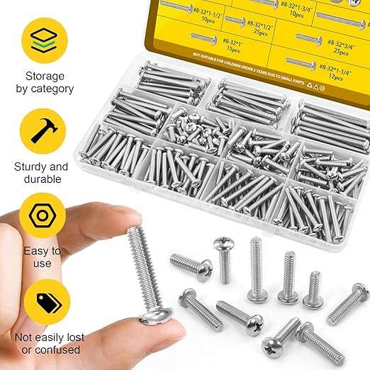 115PCS #8-32 Machine Screws, #8-32 x 1/2", 3/4", 1",1-1/4", 1-1/2", 1-5/8", 1-3/4", 2" Phillips Pan Head Screws Bolts Assortment Kit, 304 Stainless Steel Bolt for Electrical Wall Plate Switch