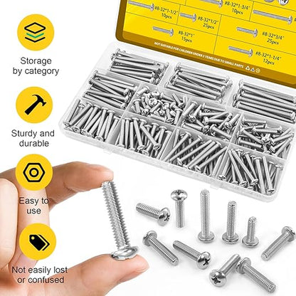 115PCS #8-32 Machine Screws, #8-32 x 1/2", 3/4", 1",1-1/4", 1-1/2", 1-5/8", 1-3/4", 2" Phillips Pan Head Screws Bolts Assortment Kit, 304 Stainless Steel Bolt for Electrical Wall Plate Switch