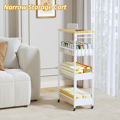 Slim Rolling Utility Cart, 4 Tier Metal Narrow Storage Cart with Handle and Wood Top, Multifunctional Small Mobile Shelf Unit Organizer Trolley for Laundry, Bathroom, Kitchen