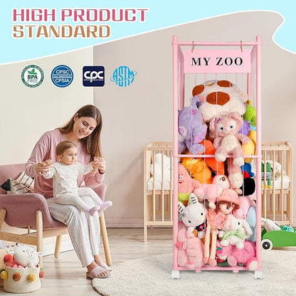 Stuffed Animal Storage Zoo with Wheels, Wooden Stuffed Animal Organizer with Elastic Cords, Space Saving Toy Plushies Storage Holder for Playroom, Bedroom, Living Room(Pink, Large)