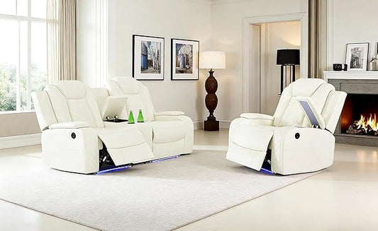 Power Recliner Sofa Set with LED, Leather Reclining Sofa Set Living Room Furniture Set, 2PCS Recliner Loveseat & Chair Sets with Smart Charging Pad,Cup Holders for Home/Office