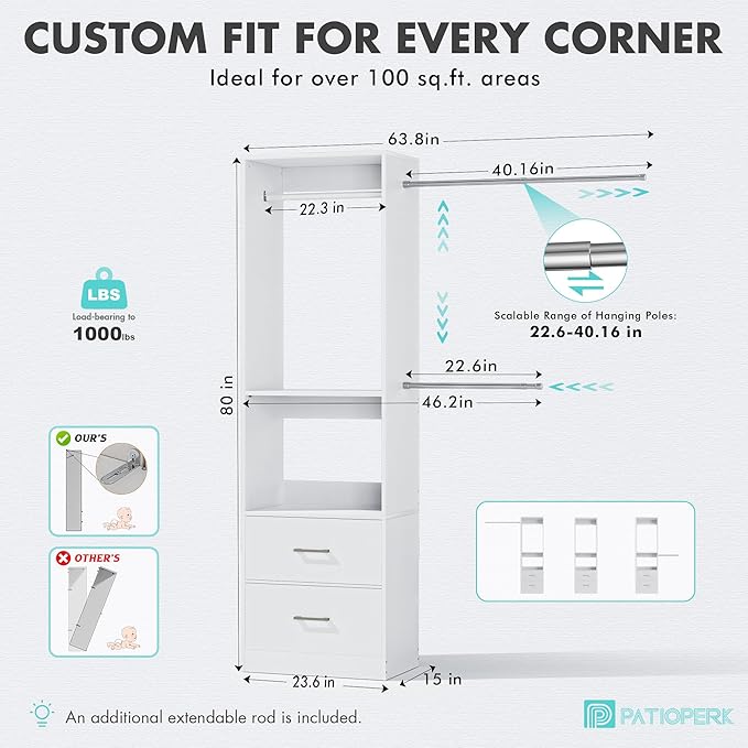 11 Ft Expandable Closet System, 6.7 Ft High Wood Closet Organizer with 4 Drawers & 4 Hanging Rods, Modular Wardrobe Storage Rack with Adjustable Shelves for Walk-in Bedroom, White