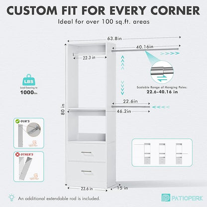 11 Ft Expandable Closet System, 6.7 Ft High Wood Closet Organizer with 4 Drawers & 4 Hanging Rods, Modular Wardrobe Storage Rack with Adjustable Shelves for Walk-in Bedroom, White