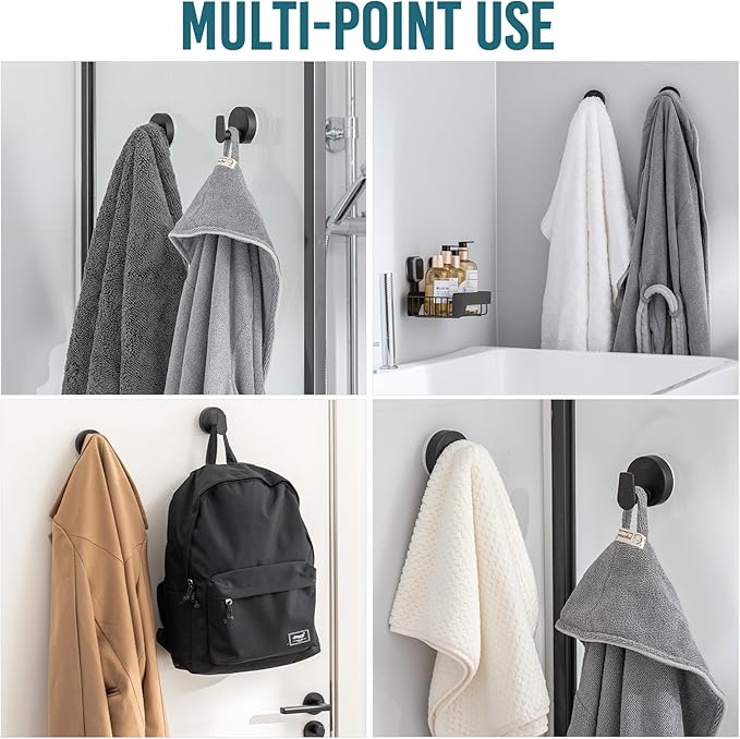 TAILI 304 Stainless Steel Bathroom Suction Hooks for Towel, Bathrobe, Loofah, Patented Strong Suction Cup Holder, No Damage Hanging Glass Shower Wall Hook, Retro High-Rise Design, 2 Pack, Black