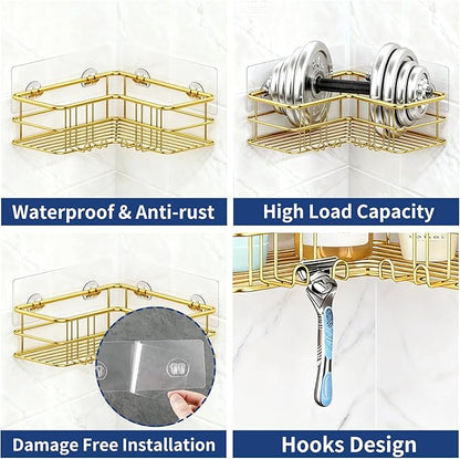 Menbyci 2 Pack Corner Shower Caddy, Adhesive Bathroom Shelf with 8 Hooks, Rustproof Stainless Steel Bathroom Organizer, No Drilling Shower Shelves Basket Wall Storage Rack Shampoo Holder (Gold)