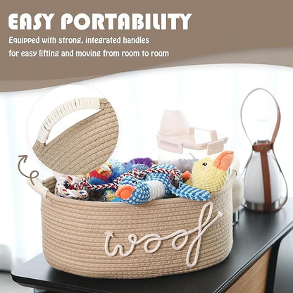 Sea Team Dog Toy Storage Basket with Handles, 16.5 x 11 x 7 Inches, 4.4 Gallons Large Cotton Rope Storage Bin, Shelf Basket, Organizer for Pet Chew Toys, Foods, Beige Woof