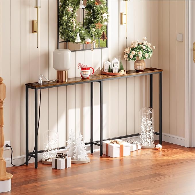 HOOBRO 63" Narrow Console Table with Charging Station, 5.9" Sofa Table with 2 Power Outlets and USB Ports, Long Entryway Tables Behind Couch Table, for Hallway, Livingroom, Rustic Brown BF165UXG01G1